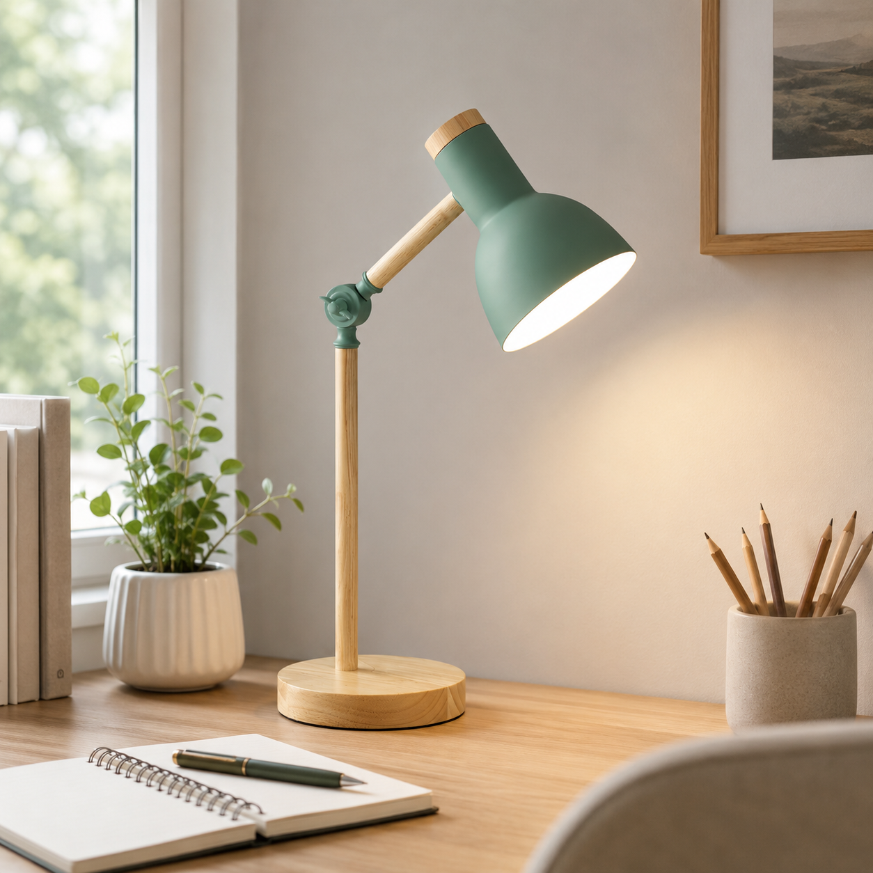 Nordic Table Lamp with Wooden Arm Macaron Style | Dravico