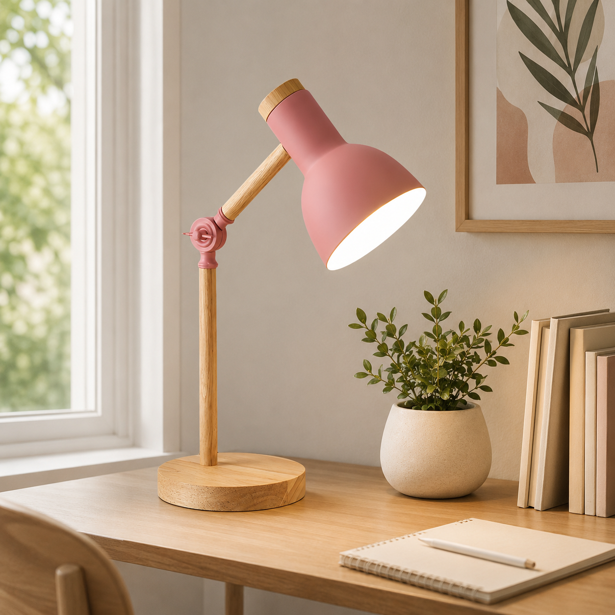 Nordic Table Lamp with Wooden Arm Macaron Style | Dravico