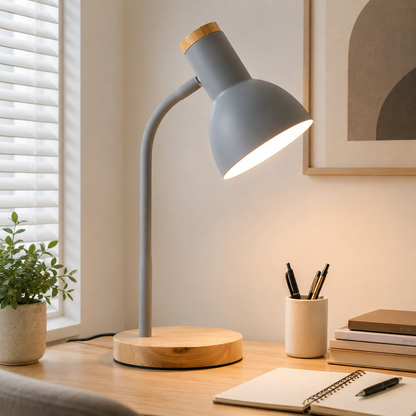 Nordic Table Lamp with Wooden Base and Metal Shade | Tenvira