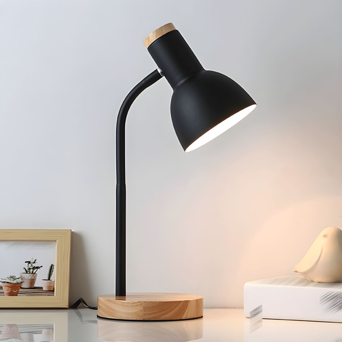 Nordic Table Lamp with Wooden Base and Metal Shade | Tenvira