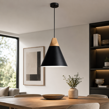Nordic Wood Aluminium Cone Pendant Light E27 Ceiling Lamp | Xavoryn