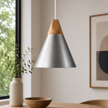 Nordic Wood Aluminium Cone Pendant Light E27 Ceiling Lamp | Xavoryn