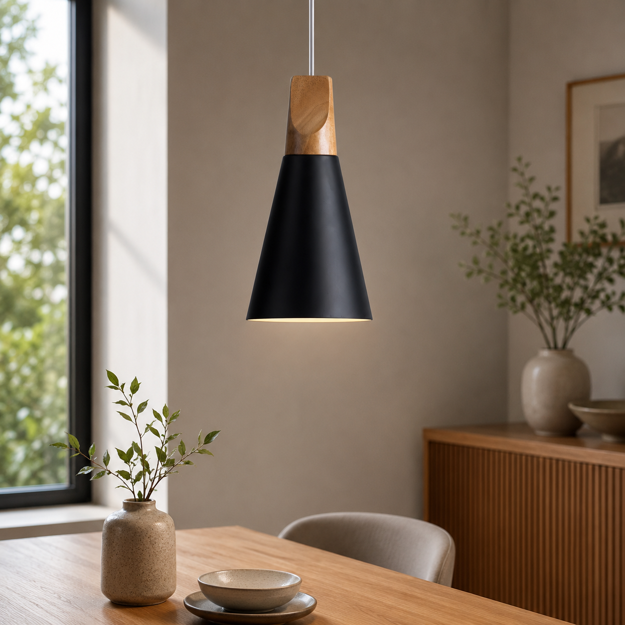 Nordic Wood Aluminium Cone Pendant Light E27 Ceiling Lamp | Xavoryn