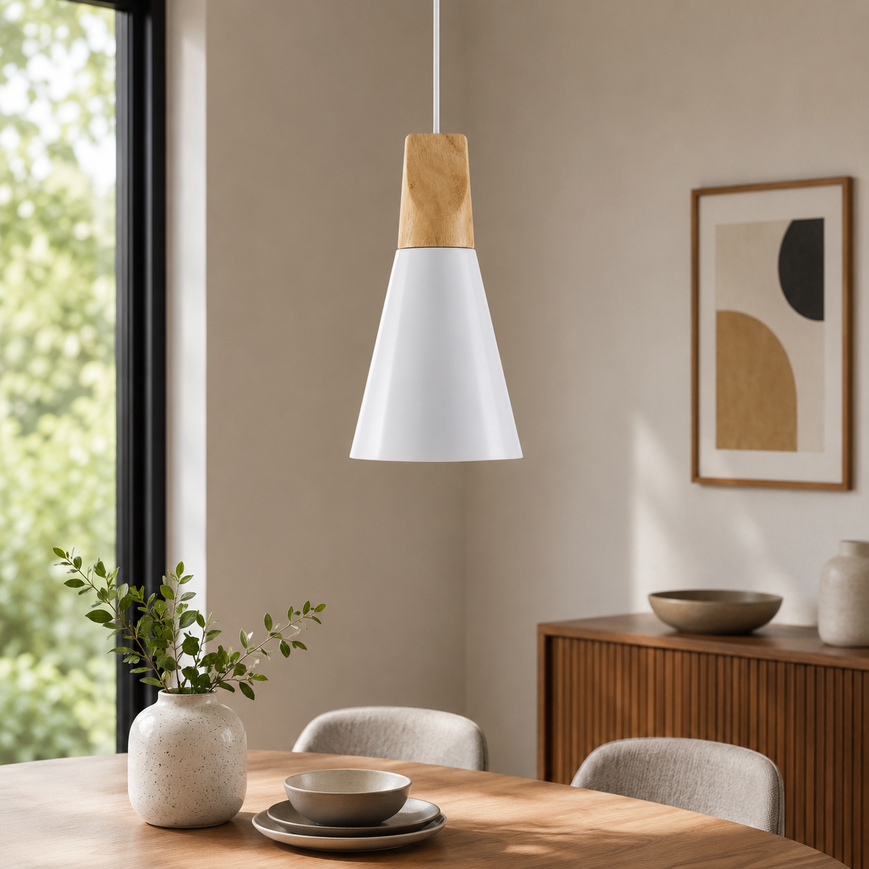 Nordic Wood Aluminium Cone Pendant Light E27 Ceiling Lamp | Xavoryn
