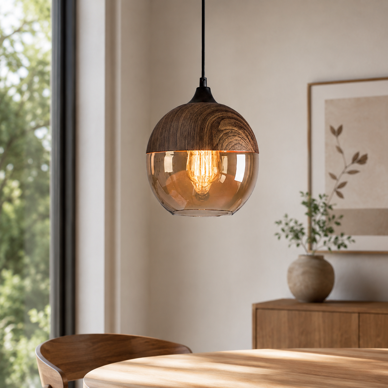 Nordic Wood And Glass Pendant Light With E27 Socket | Uxoryn