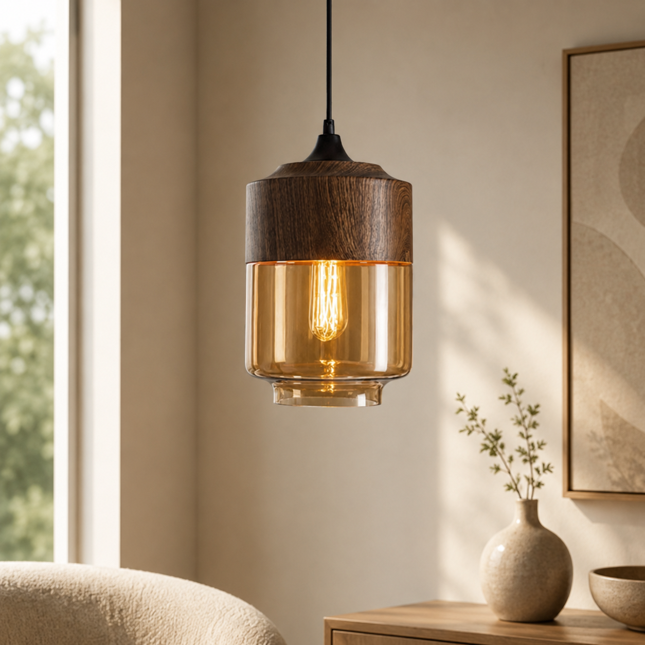 Nordic Wood And Glass Pendant Light With E27 Socket | Uxoryn