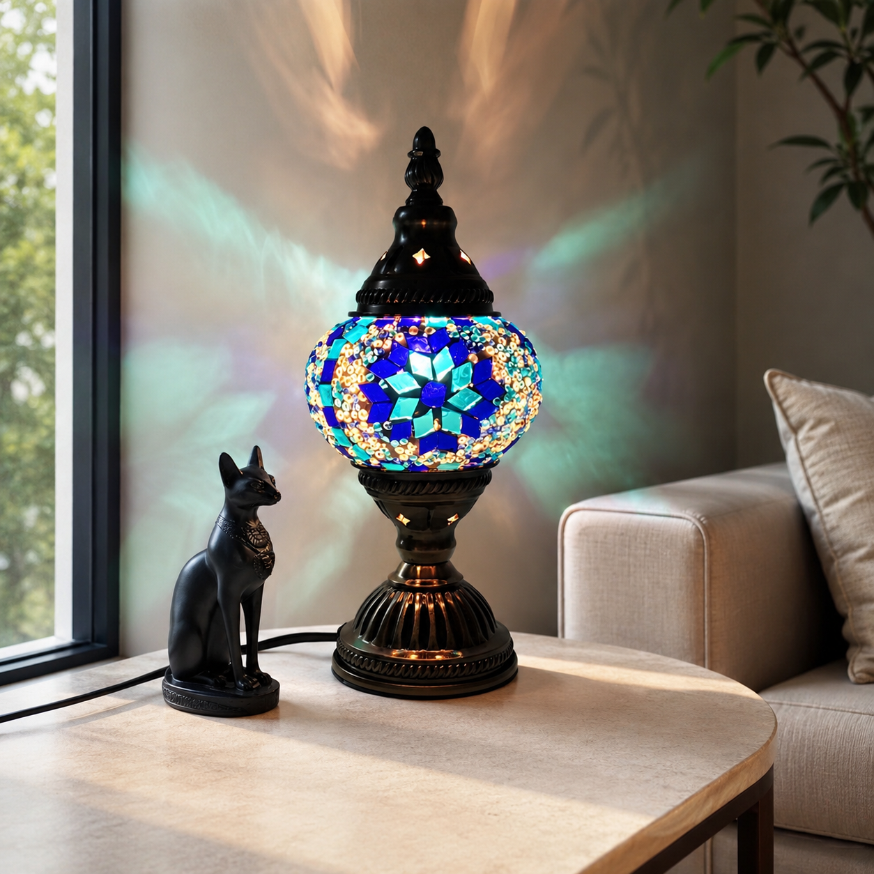 Oriental Glass Mosaic Table Lamp with Colourful Glow | Zelmira