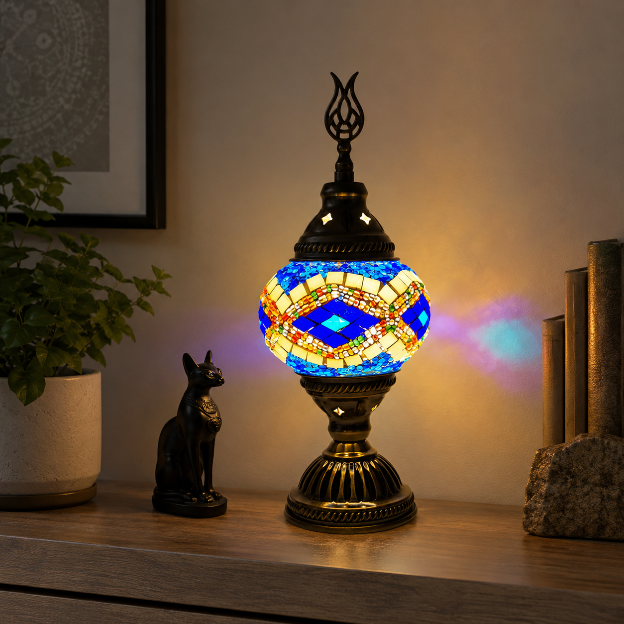 Oriental Glass Mosaic Table Lamp with Colourful Glow | Zelmira
