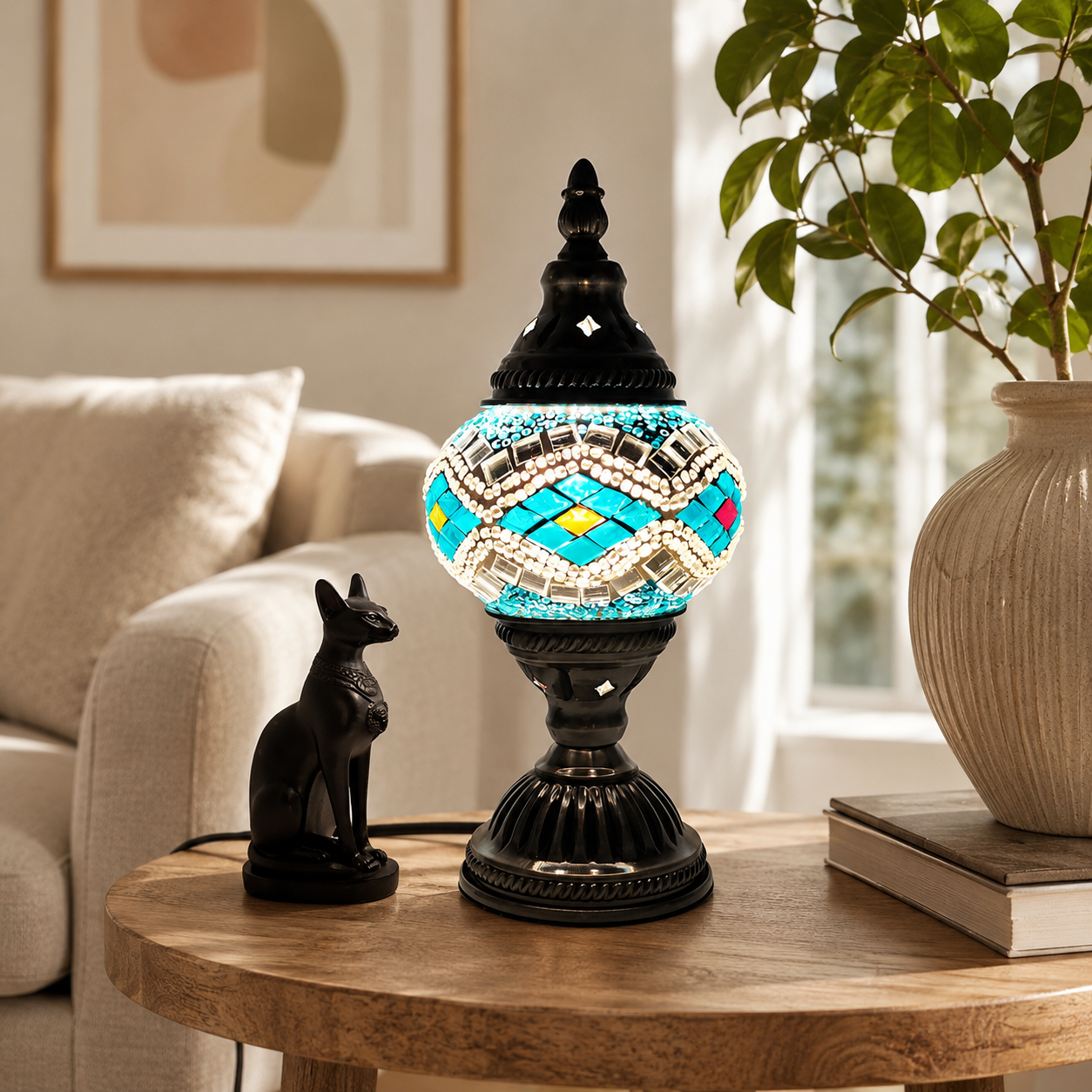 Oriental Glass Mosaic Table Lamp with Colourful Glow | Zelmira