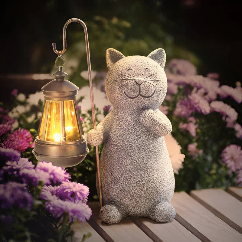 Outdoor Solar Cat Garden Statue with Lantern Glow | Luminro