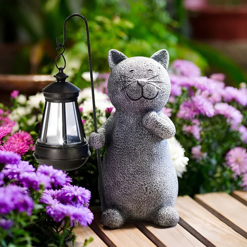 Outdoor Solar Cat Garden Statue with Lantern Glow | Luminro