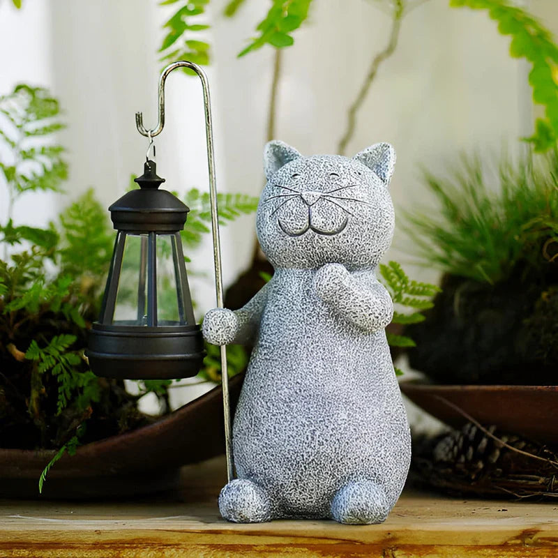 Outdoor Solar Cat Garden Statue with Lantern Glow | Luminro