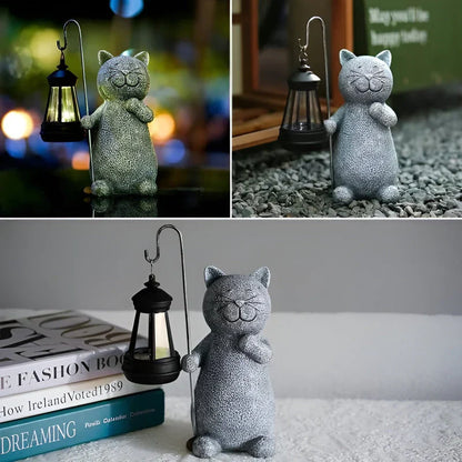 Outdoor Solar Cat Garden Statue with Lantern Glow | Luminro