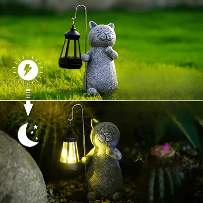 Outdoor Solar Cat Garden Statue with Lantern Glow | Luminro