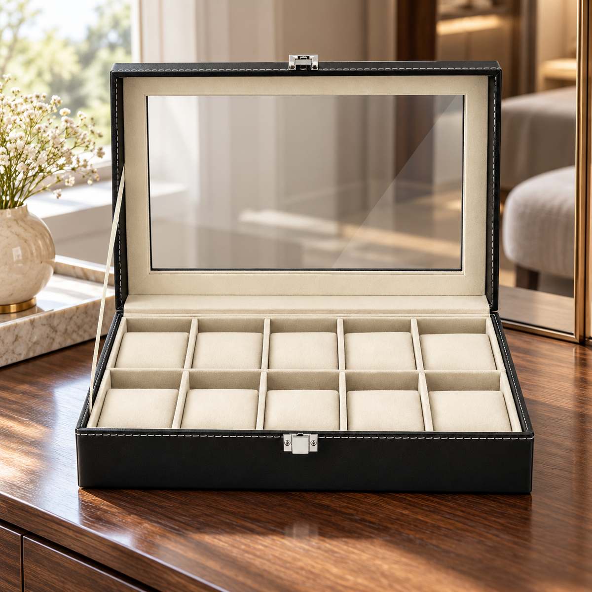 PU Leather Watch Display Box with Clear Lid