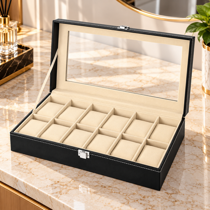 PU Leather Watch Display Box with Clear Lid