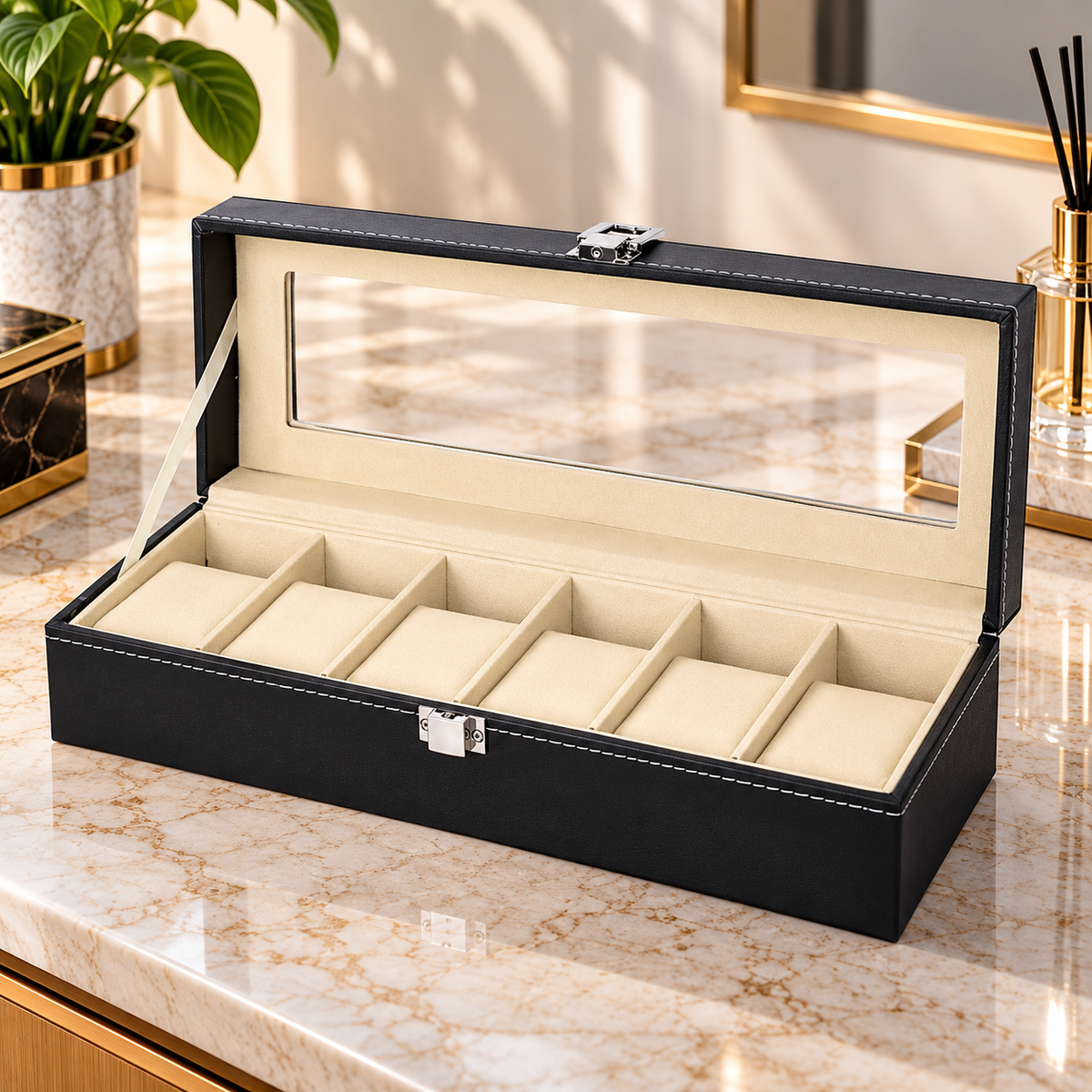 PU Leather Watch Display Box with Clear Lid