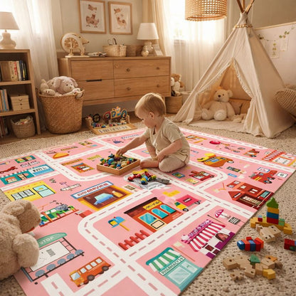 Play Mat Flannel Rug with City Road Print for Kids Room | Solvera