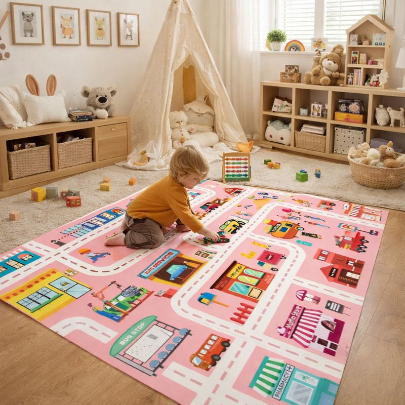 Play Mat Flannel Rug with City Road Print for Kids Room | Solvera