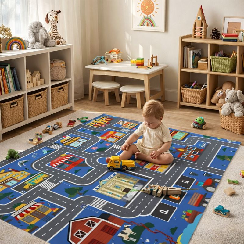 Traffic City Road Play Mat Rug for Kids Room and Toy Cars | Valtira