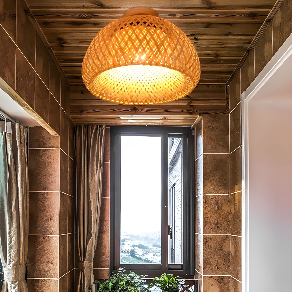 Rattan Semi Flush Ceiling Light Oriental Style Fixture | Lomirae