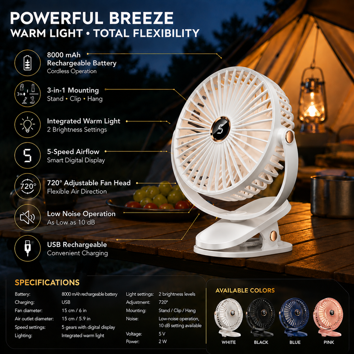 Rechargeable Camping Fan With Light | CampBreeze