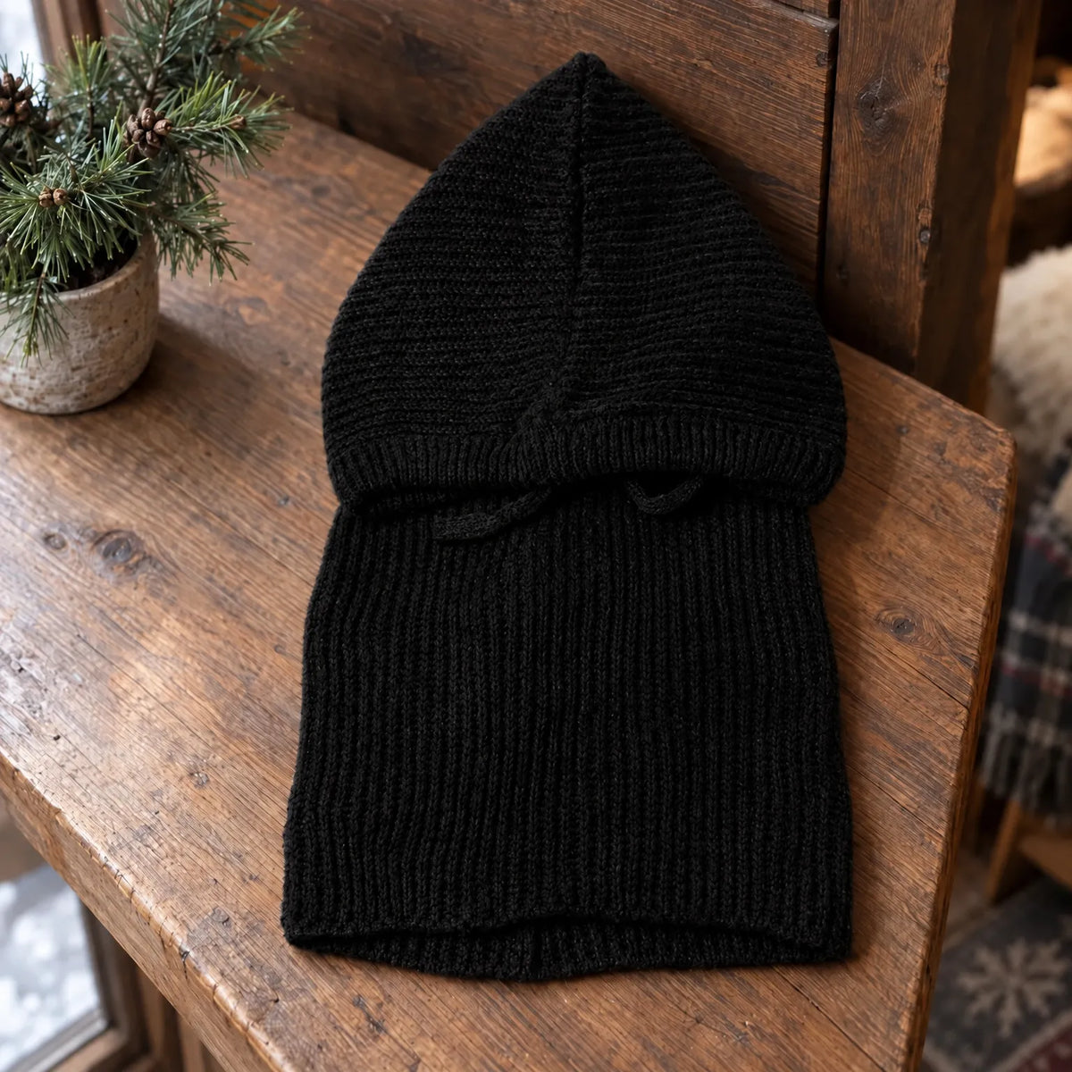Ribbed Knit Hooded Balaclava Hat