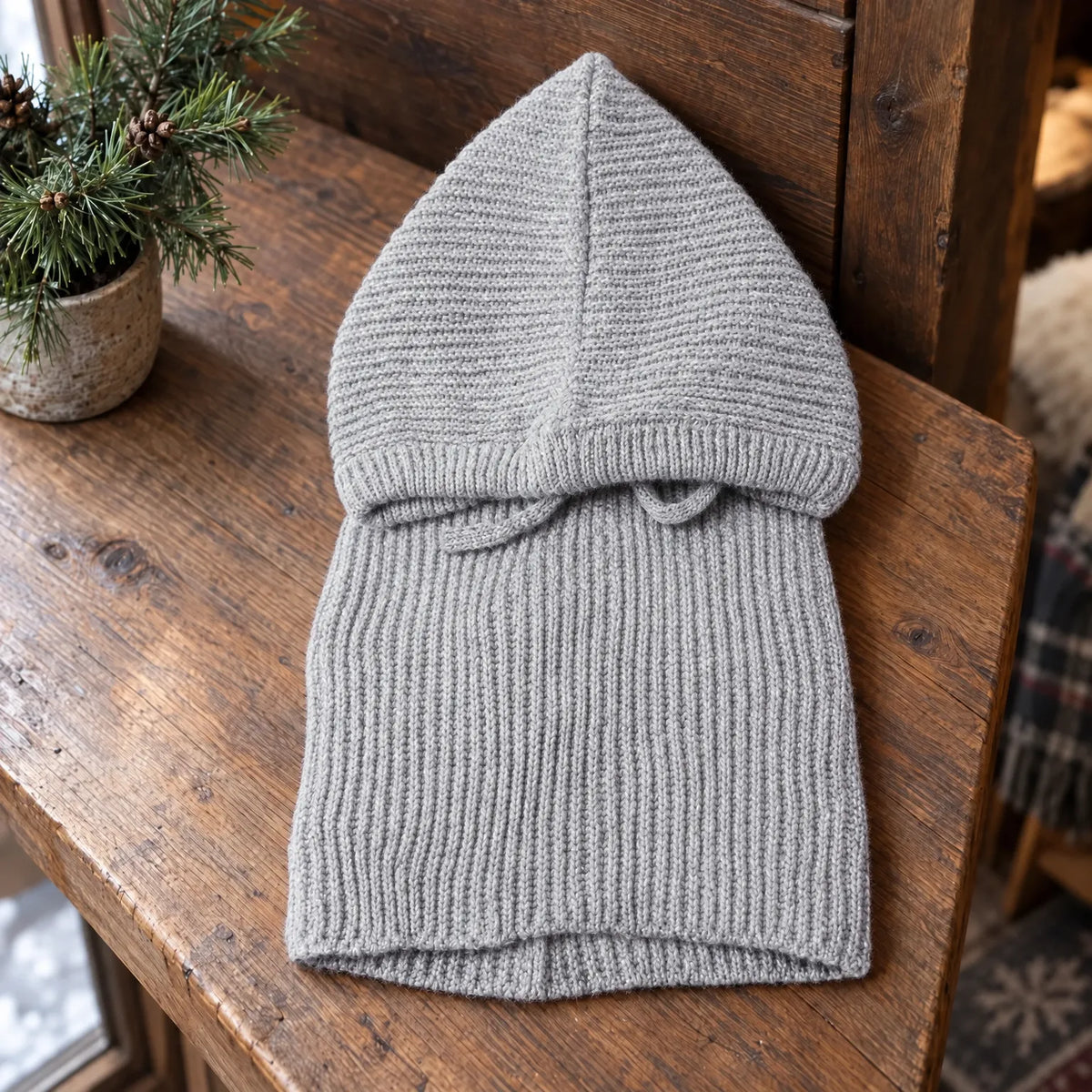 Ribbed Knit Hooded Balaclava Hat