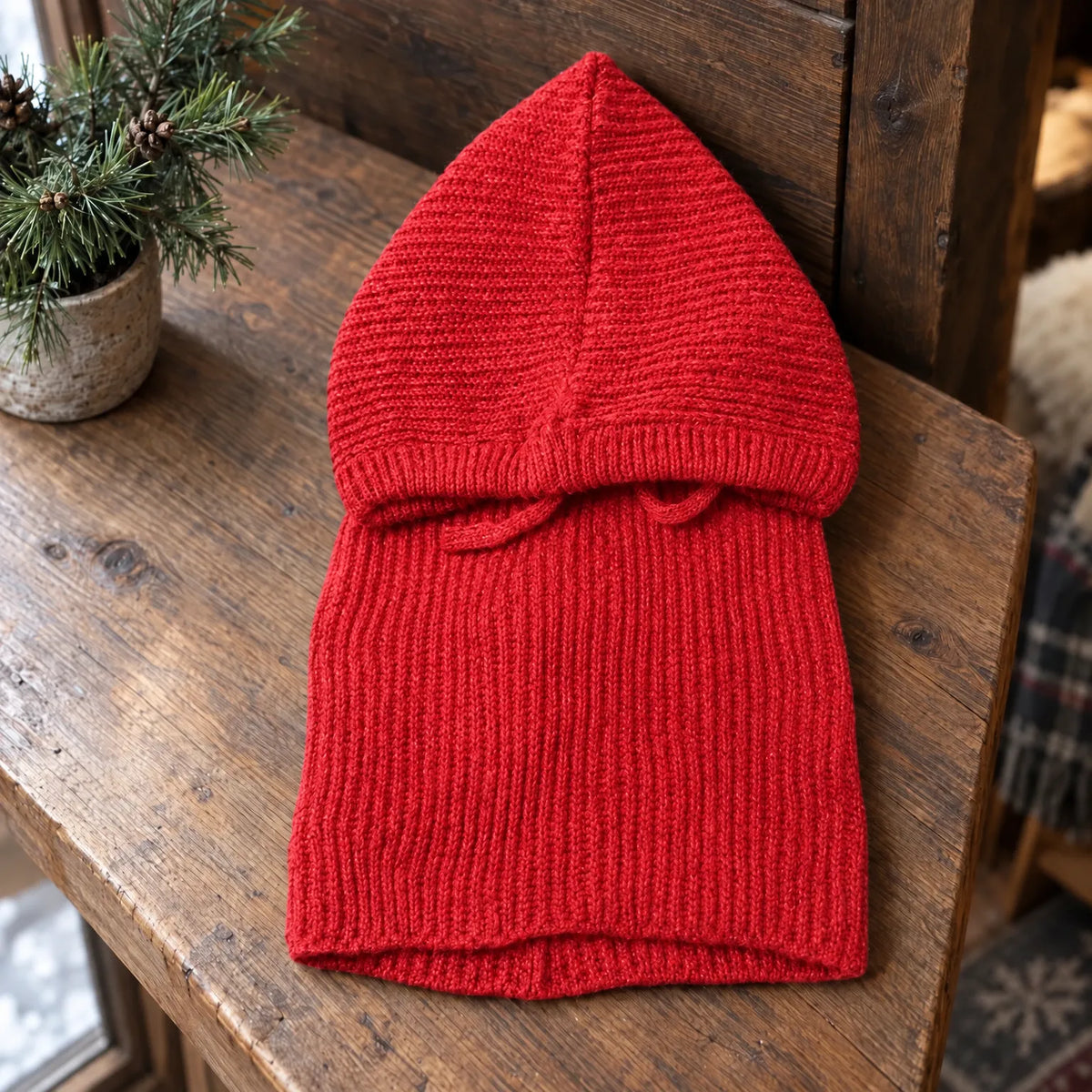 Ribbed Knit Hooded Balaclava Hat