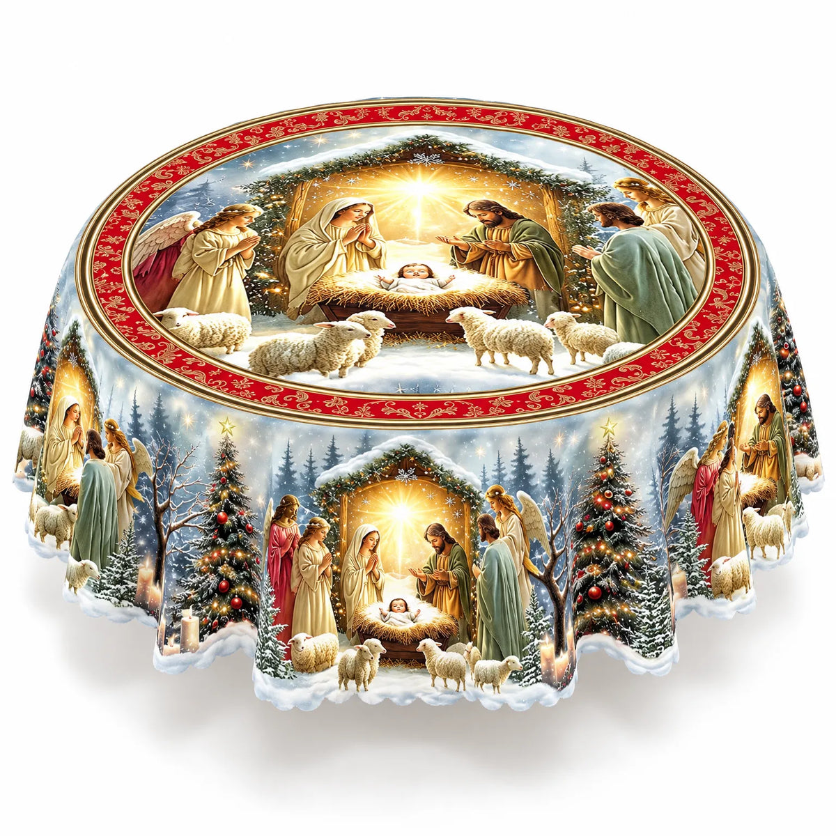 Round Holiday Nativity Scene Tablecloth
