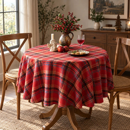 Round Holiday Plaid Dining Tablecloth