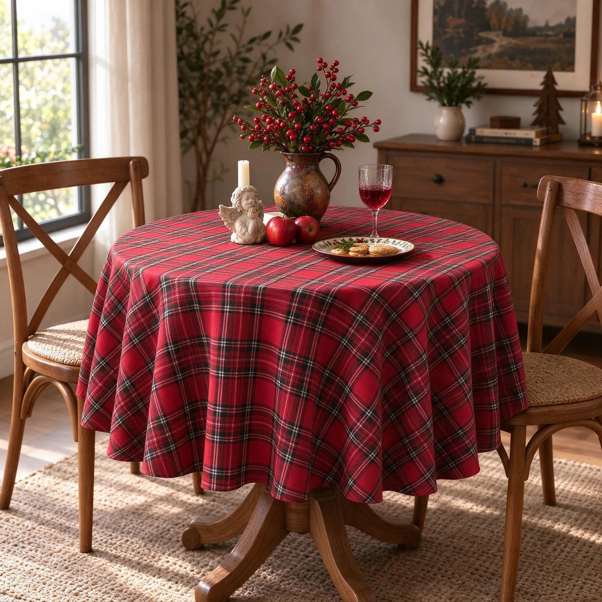 Round Holiday Plaid Dining Tablecloth