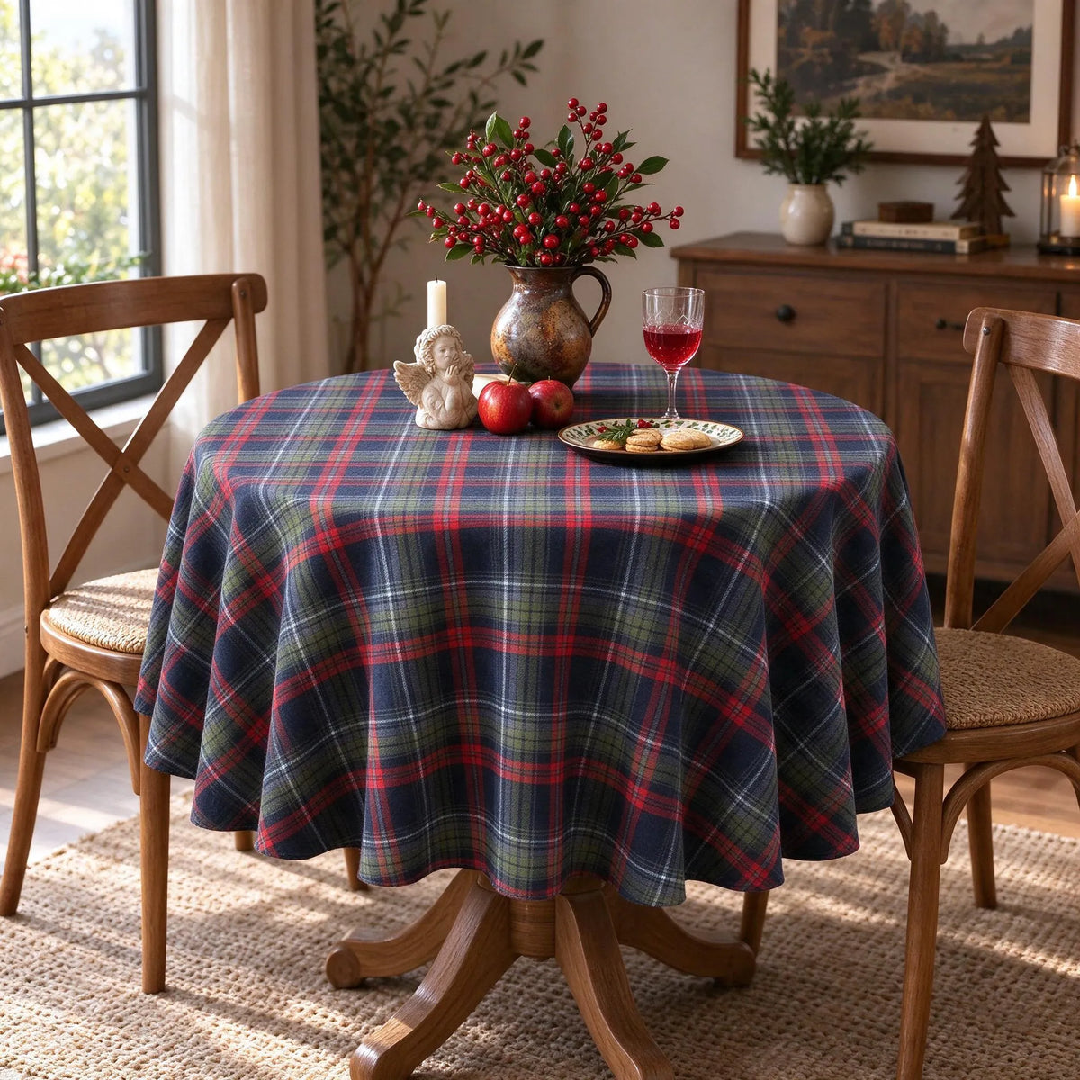 Round Holiday Plaid Dining Tablecloth