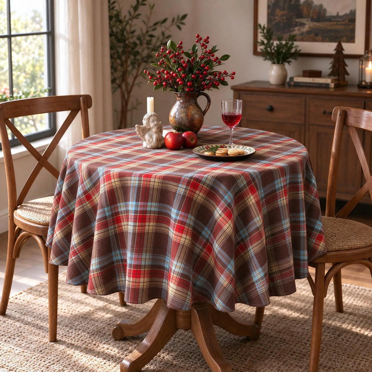 Round Holiday Plaid Dining Tablecloth