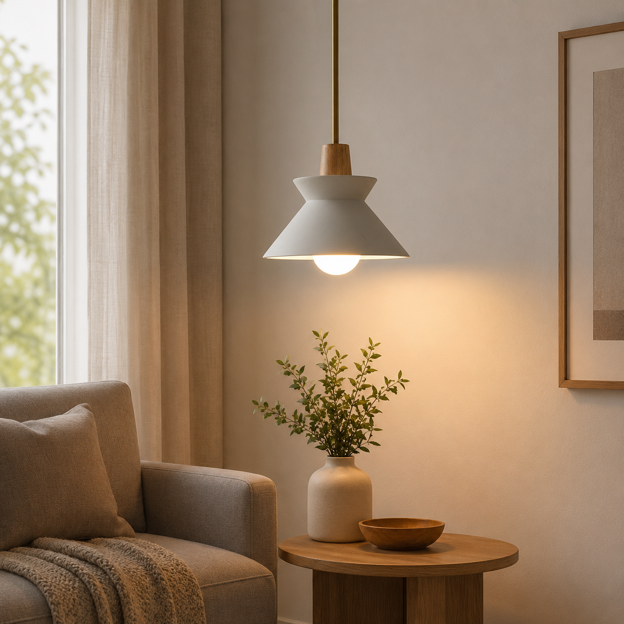 Scandinavian Concrete Cone Pendant Light with Wood Detail | Auvrico