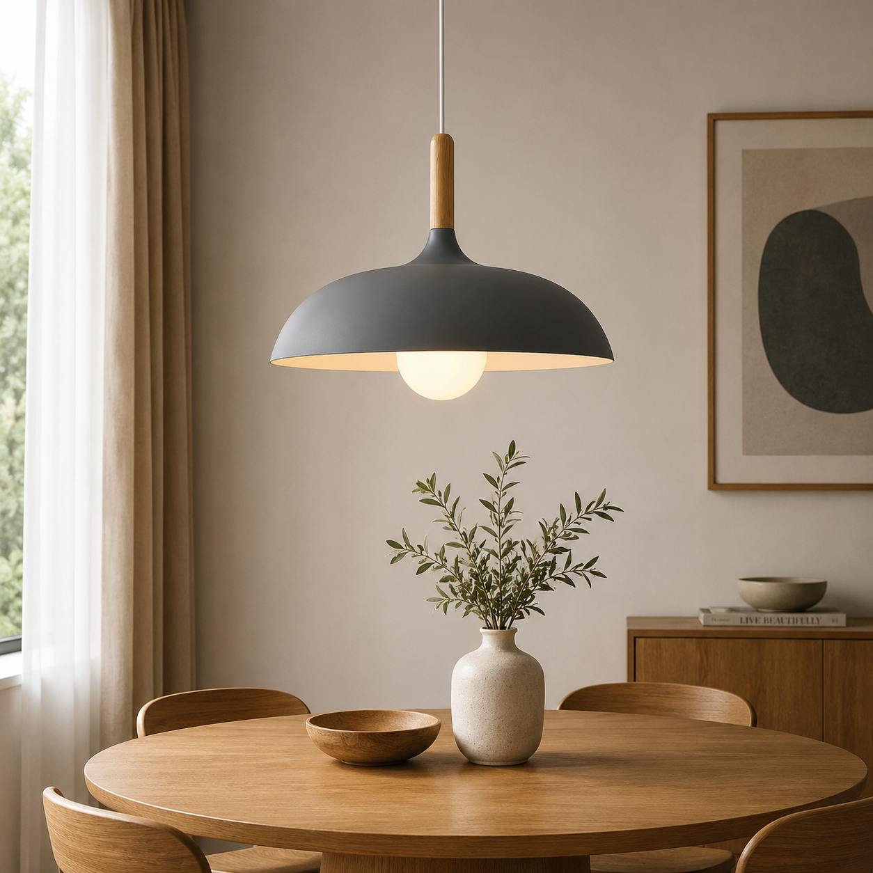 Scandinavian Oak Metal Pendant Light with Minimalist Design | Nexvaro