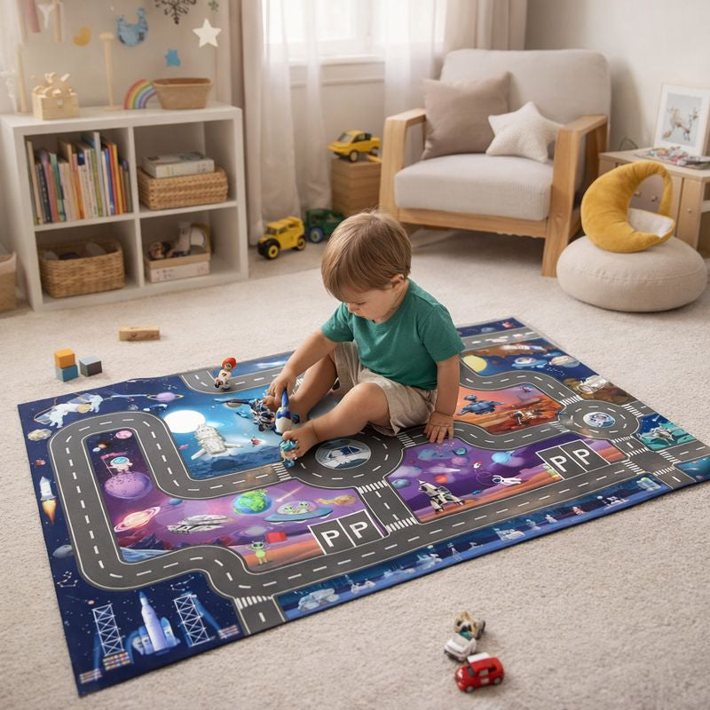 Space City Road Map Play Mat Rug for Kids Everyday Play | Talvero