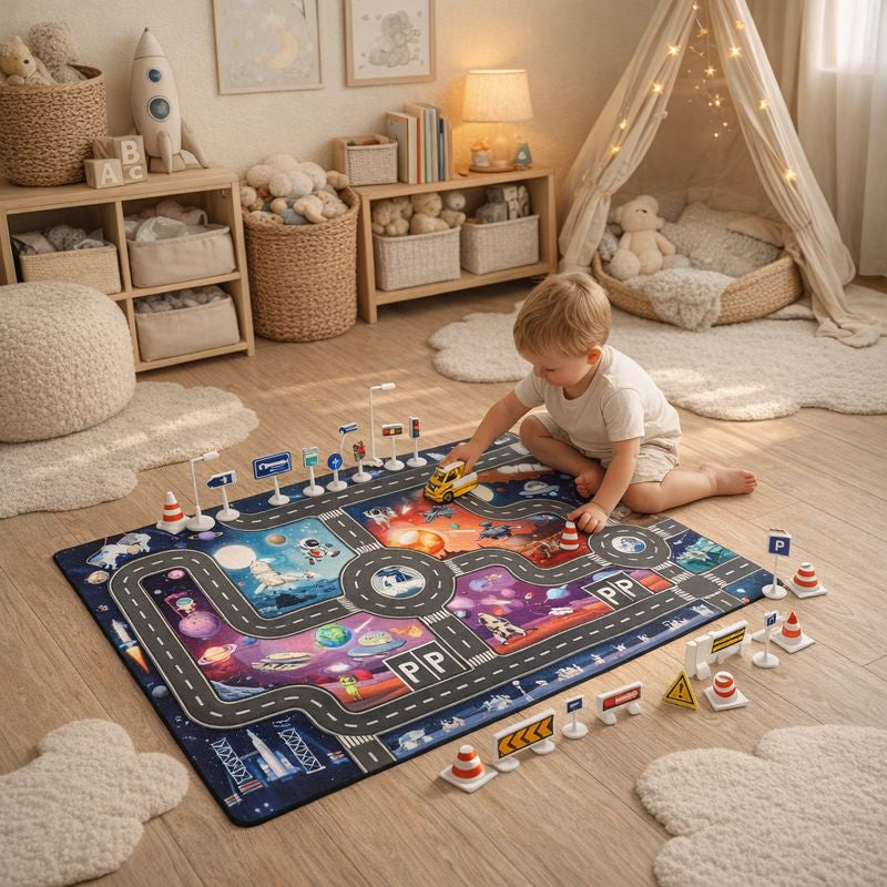 Space City Road Map Play Mat Rug for Kids Everyday Play | Talvero