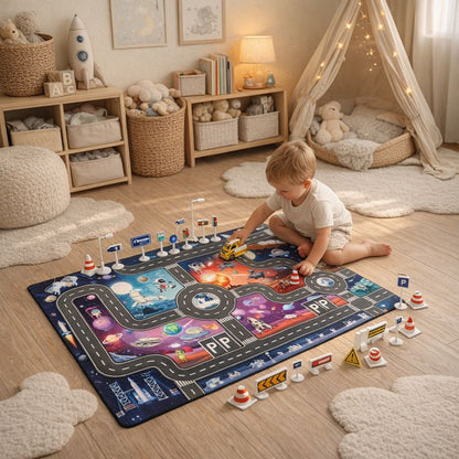 Space City Road Map Play Mat Rug for Kids Everyday Play | Talvero