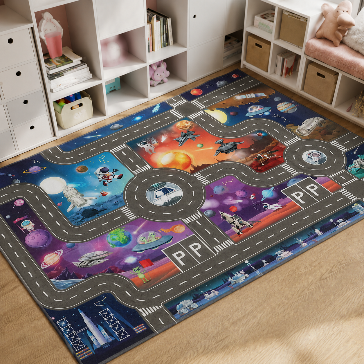Space City Road Map Play Mat Rug for Kids Everyday Play | Talvero