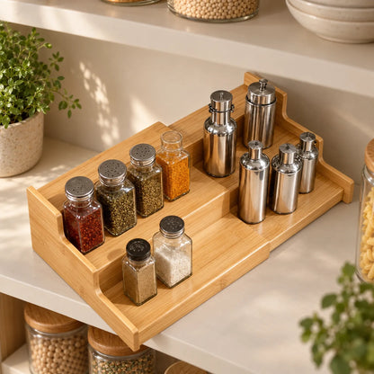 Spice Rack Expandable Three Tier Bamboo Cabinet Organizer