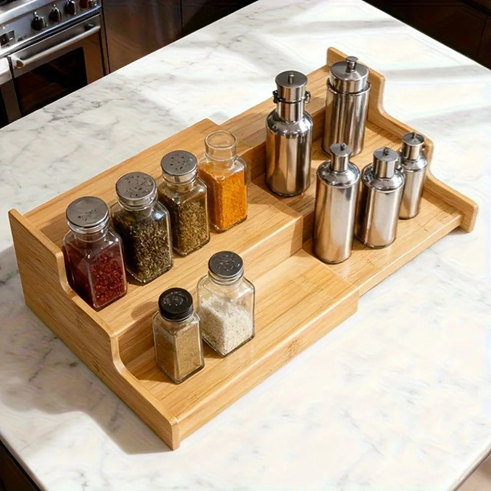 Spice Rack Expandable Three Tier Bamboo Cabinet Organizer