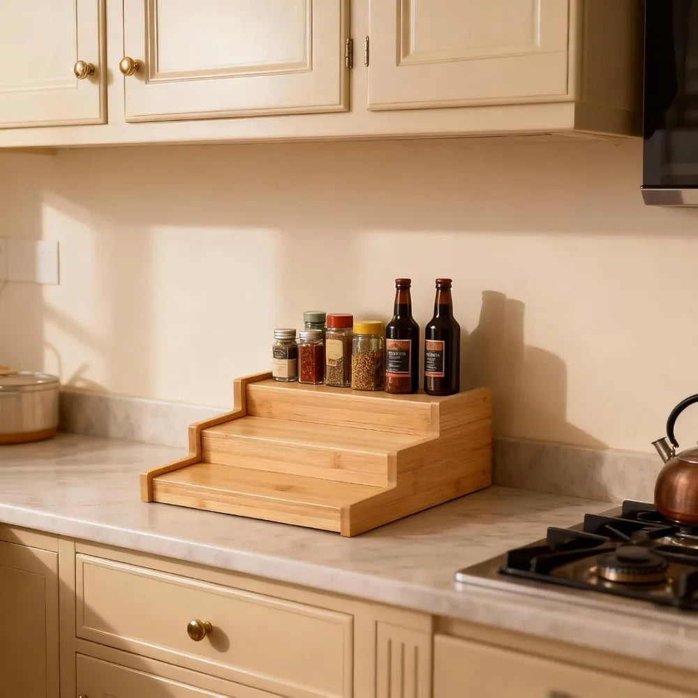 Spice Rack Expandable Three Tier Bamboo Cabinet Organizer