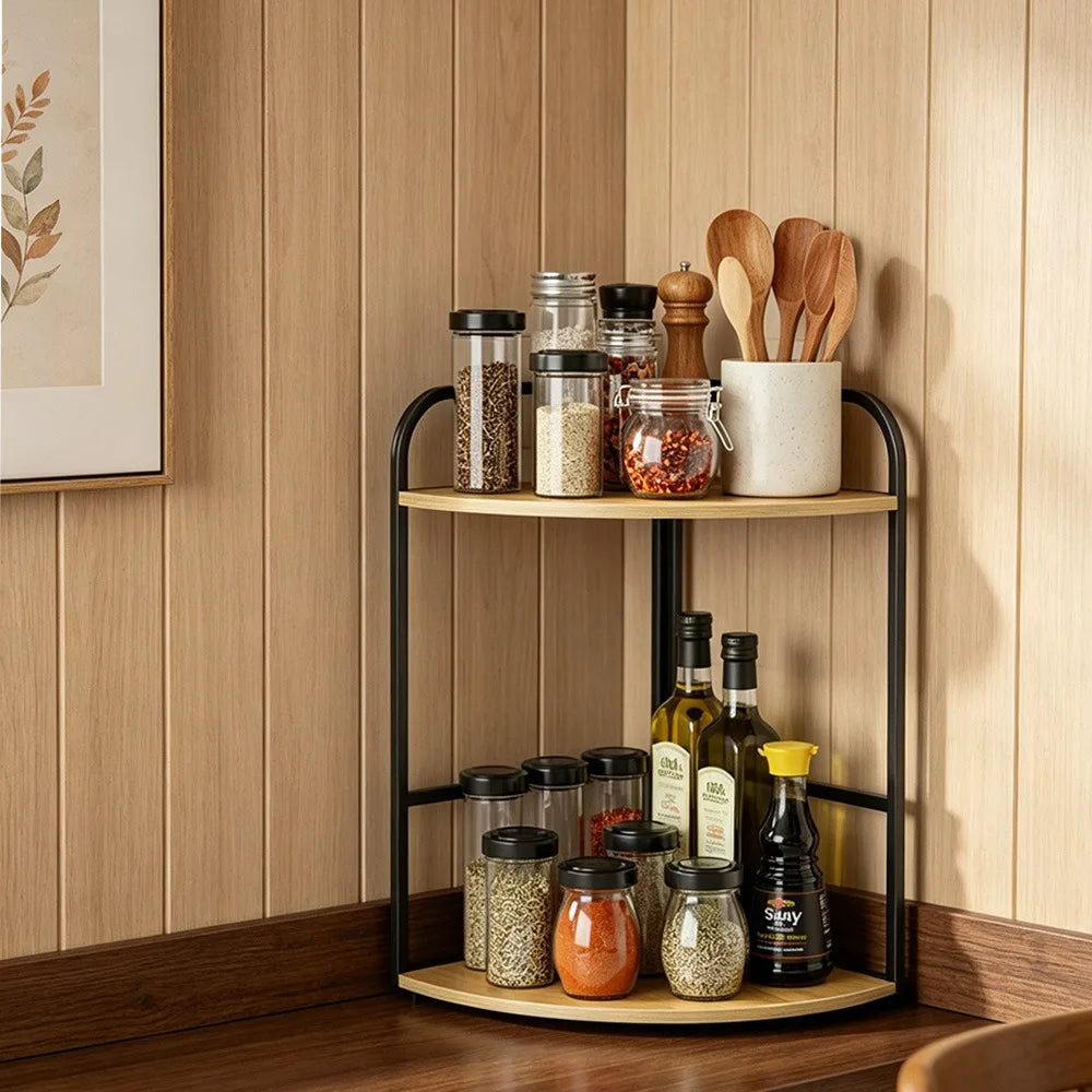 Spice Rack Two Tier Bamboo Corner Countertop Organizer