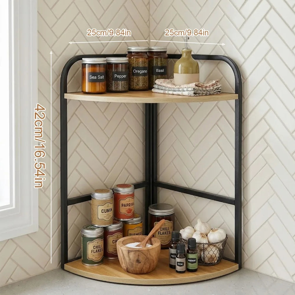 Spice Rack Two Tier Bamboo Corner Countertop Organizer