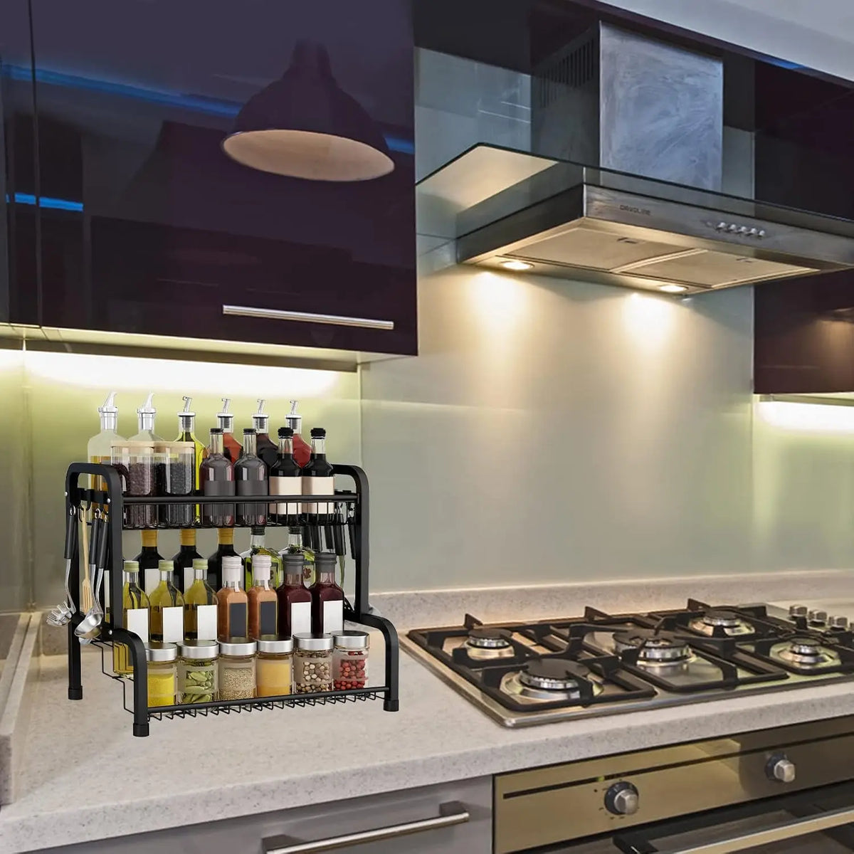 Spice Rack Two Tier Metal Organizer with Hanging Hooks