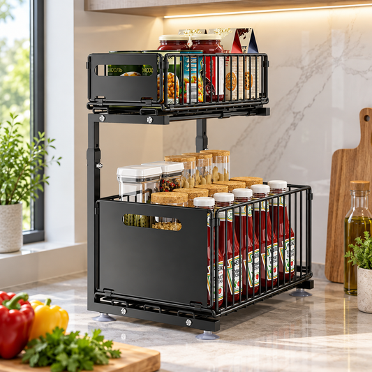 Spice Rack Two Tier Pull Out Organizer with Sliding Baskets