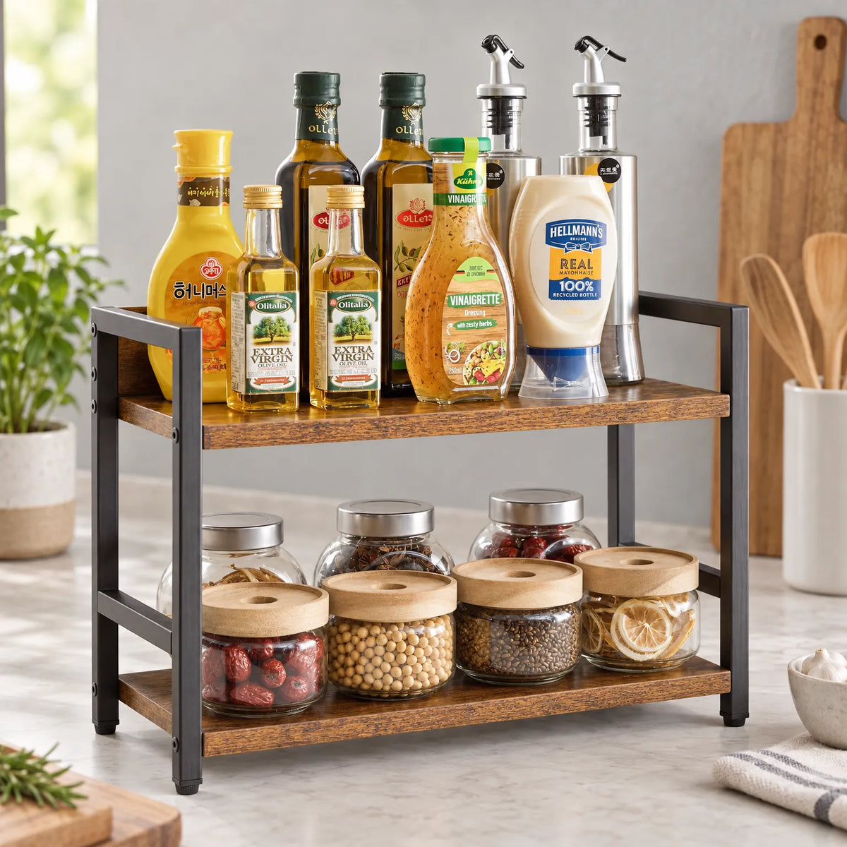 Spice Rack Two Tier Wood and Metal Countertop Shelf