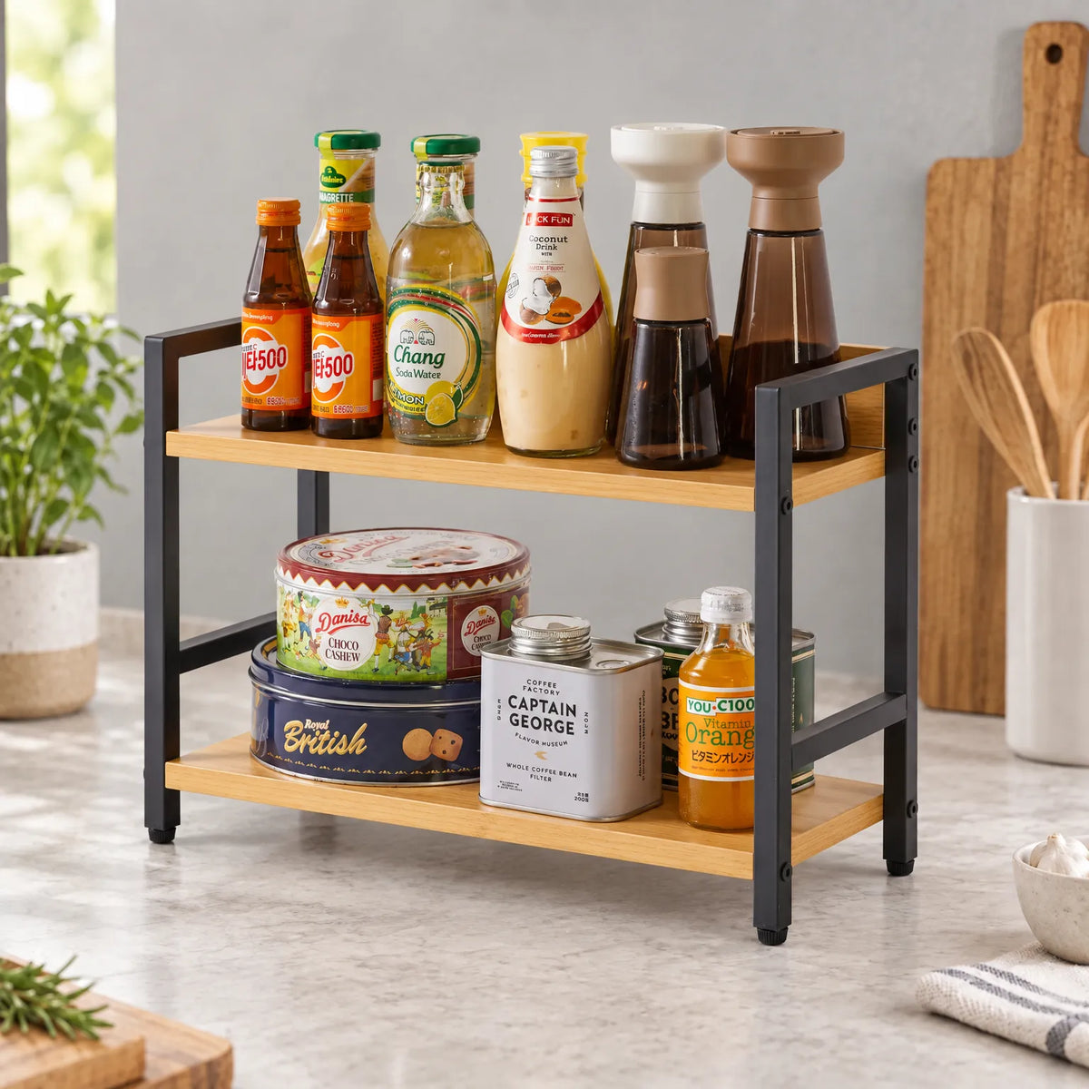 Spice Rack Two Tier Wood and Metal Countertop Shelf