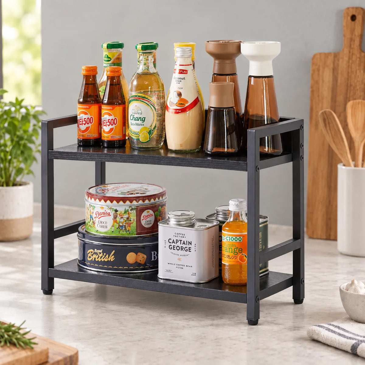 Spice Rack Two Tier Wood and Metal Countertop Shelf